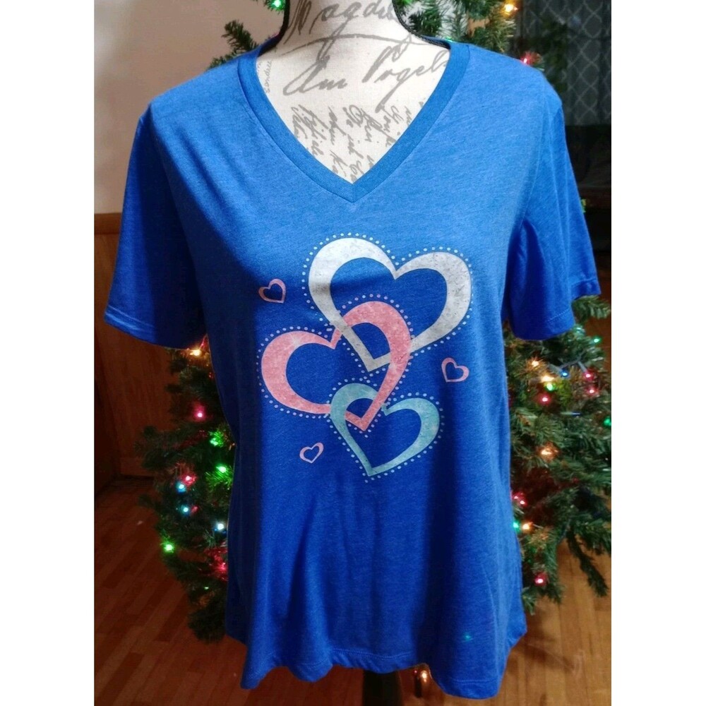 Handmade Women's V-Neck SS Blue T-Shirt Sz L Heart Graphics New Casual Wear